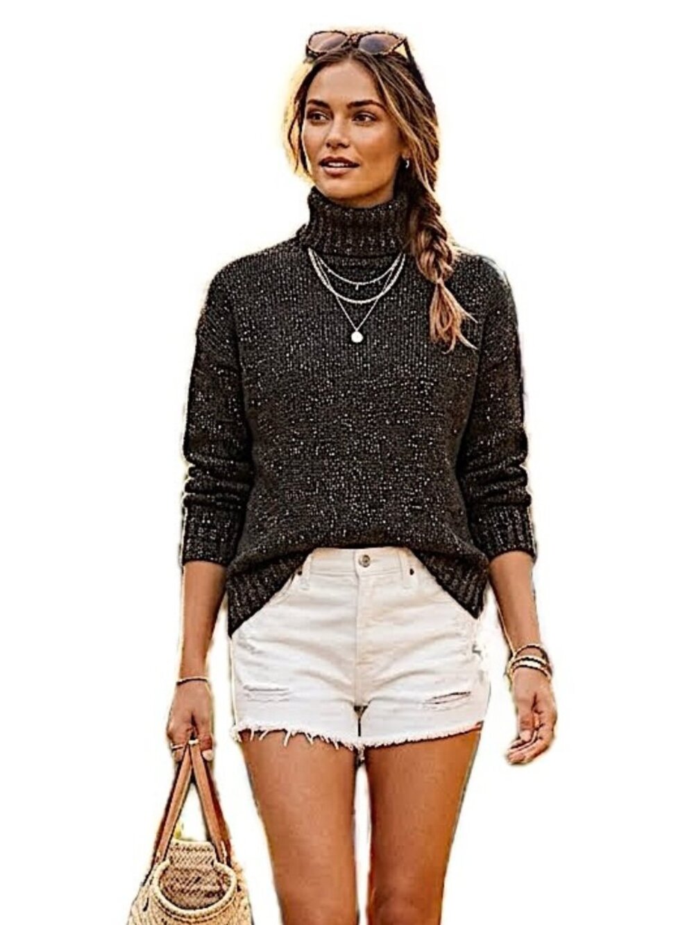 VINCE Black Speckle Relaxed Turtleneck Sweater Wool Cashmere Chunky Knit Size S